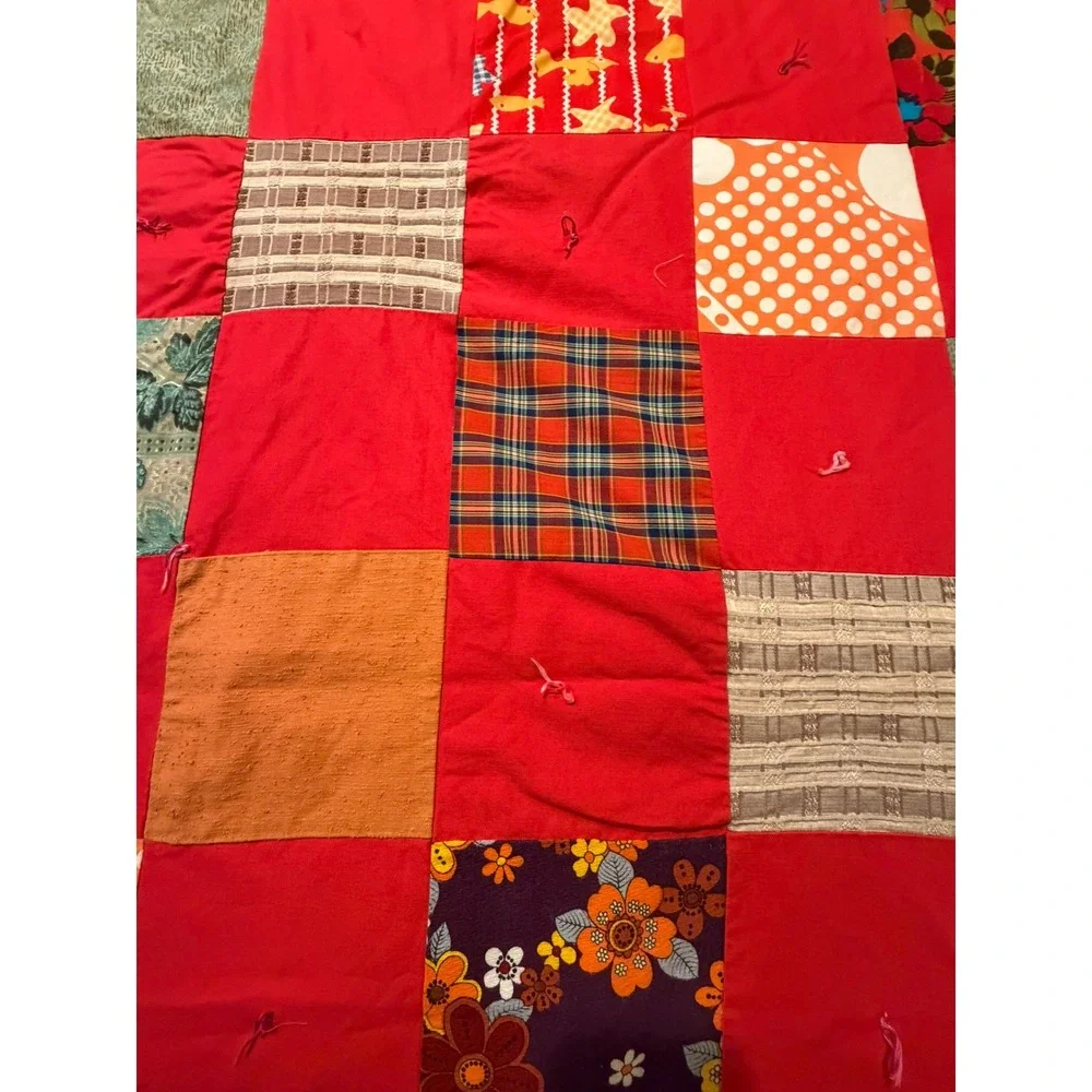 Vintage Handmade Patchwork Tied Quilt Red Floral Plaid Farmhouse Throw Blanket